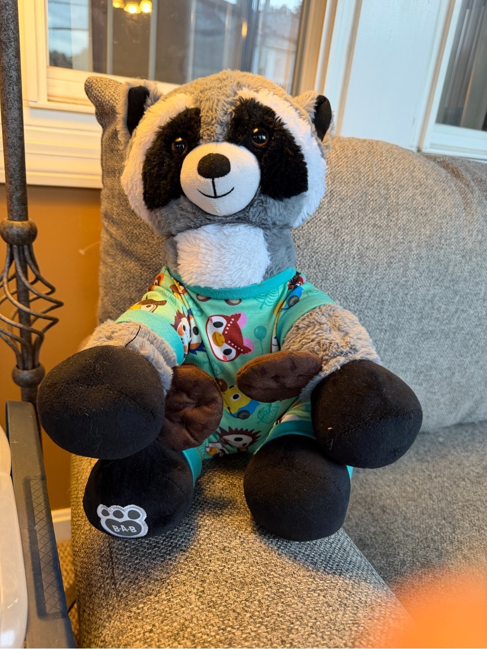 Build-A-Bear Gray and Black Raccoon in Teal Woodland Pajamas